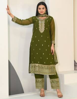 Mehndi green festive wear designer  fox georgette heavy embroidery sequence work readymade suit 1