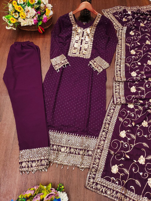 Wine festive wear designer  fox georgette heavy embroidery sequence work readymade suit 2