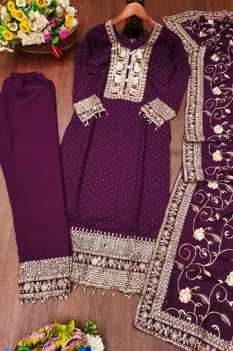 Wine festive wear designer  fox georgette heavy embroidery sequence work readymade suit