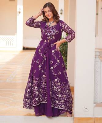Purple festive wear designer fox georgette heavy sequence embroidery work readymade suit 2