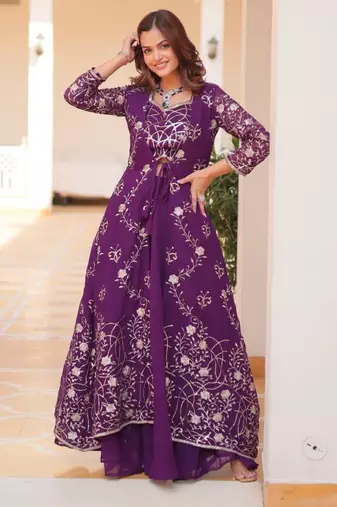Purple festive wear designer fox georgette heavy sequence embroidery work readymade suit