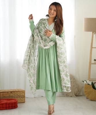 Mint green festive wear designer heavy pure roman silk chanderi  readymade suit 1