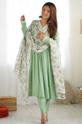 Mint green festive wear designer heavy pure roman silk chanderi  readymade suit