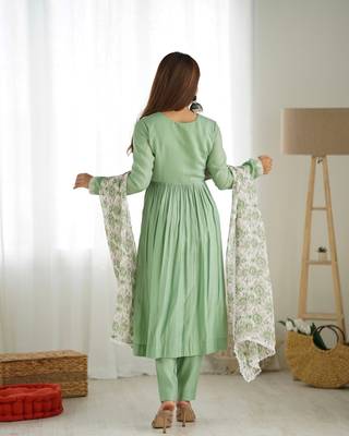 Mint green festive wear designer heavy pure roman silk chanderi  readymade suit 2