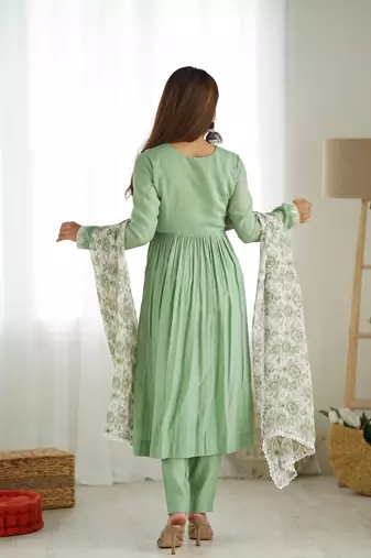 Mint green festive wear designer heavy pure roman silk chanderi  readymade suit