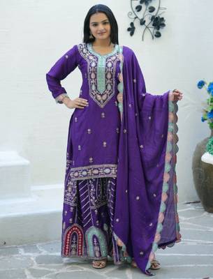 Purple festive wear designer chinon  heavy embroidery sequence work readymade suit 1