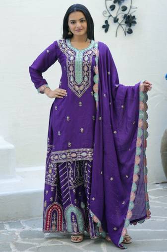 Purple festive wear designer chinon  heavy embroidery sequence work readymade suit