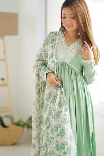 Mint green festive wear designer heavy pure roman silk chanderi  readymade suit