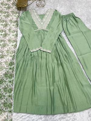 Mint green festive wear designer heavy pure roman silk chanderi  readymade suit 4