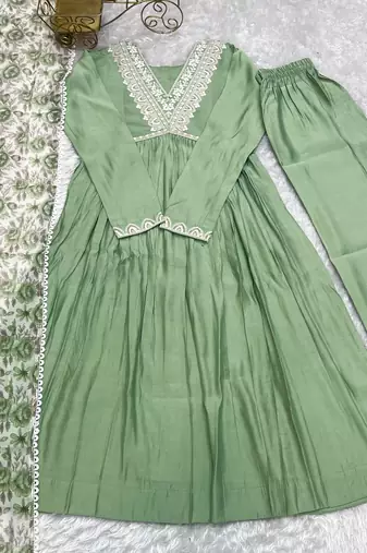 Mint green festive wear designer heavy pure roman silk chanderi  readymade suit