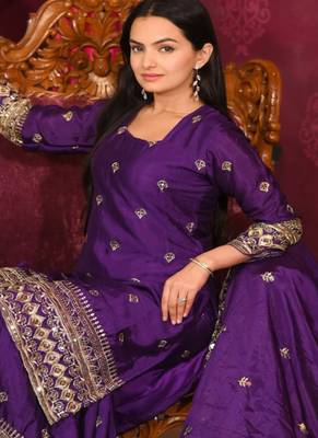 Purple festive wear designer chinon  heavy embroidery sequence work readymade suit 1