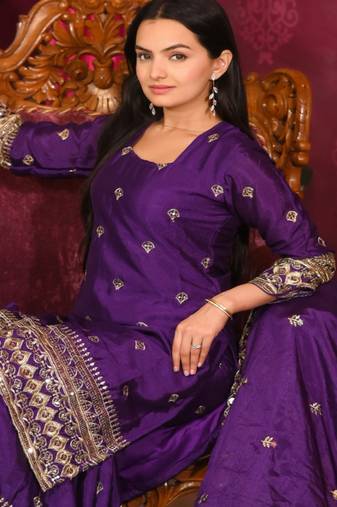 Purple festive wear designer chinon  heavy embroidery sequence work readymade suit