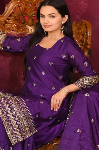 Purple festive wear designer chinon  heavy embroidery sequence work readymade suit