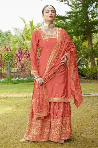 Orange festive wear designer chinon  heavy embroidery sequence work readymade suit