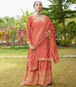 Orange festive wear designer chinon  heavy embroidery sequence work readymade suit