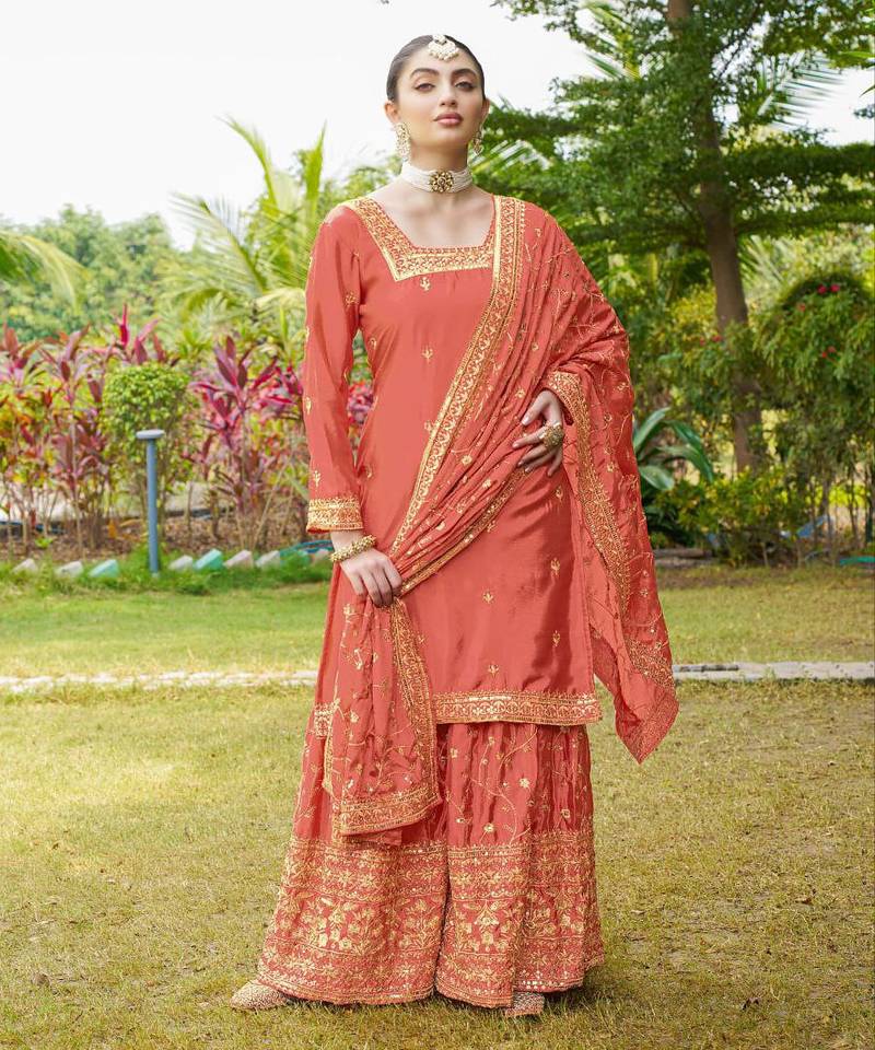 Orange festive wear designer chinon  heavy embroidery sequence work readymade suit