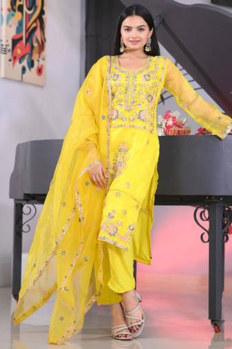 Yellow festive wear designer organza heavy embroidery sequence work readymade suit
