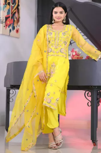 Yellow festive wear designer organza heavy embroidery sequence work readymade suit