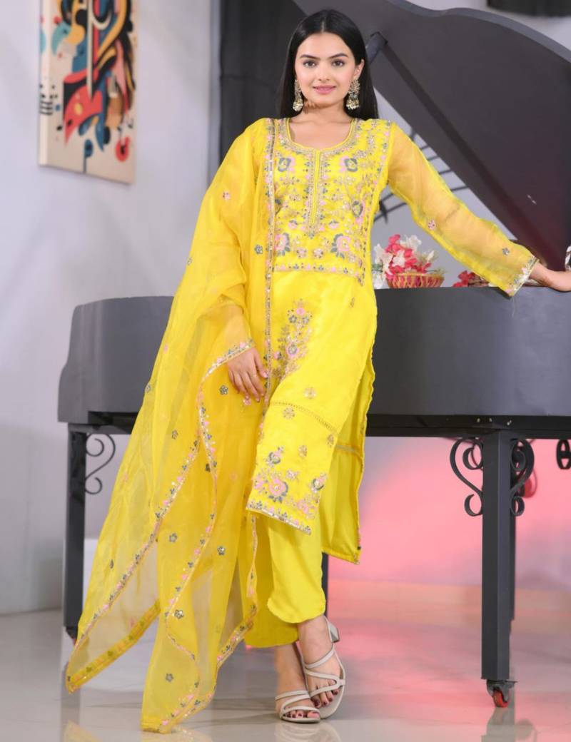 Yellow festive wear designer organza heavy embroidery sequence work readymade suit