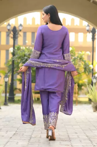 Lavender festive wear designer chinon heavy embroidery sequence work readymade suit
