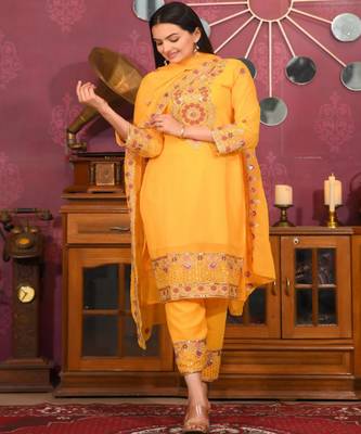 Yellow festive wear designer  fox georgette heavy embroidery sequence work readymade suit 2