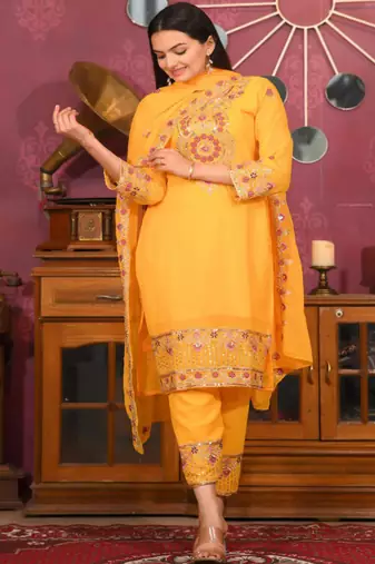 Yellow festive wear designer  fox georgette heavy embroidery sequence work readymade suit