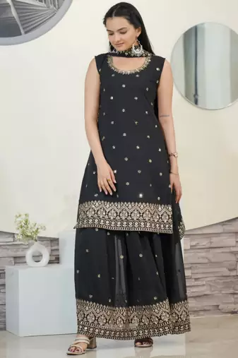 Black festive wear designer fox georgette  heavy embroidery sequence work readymade suit