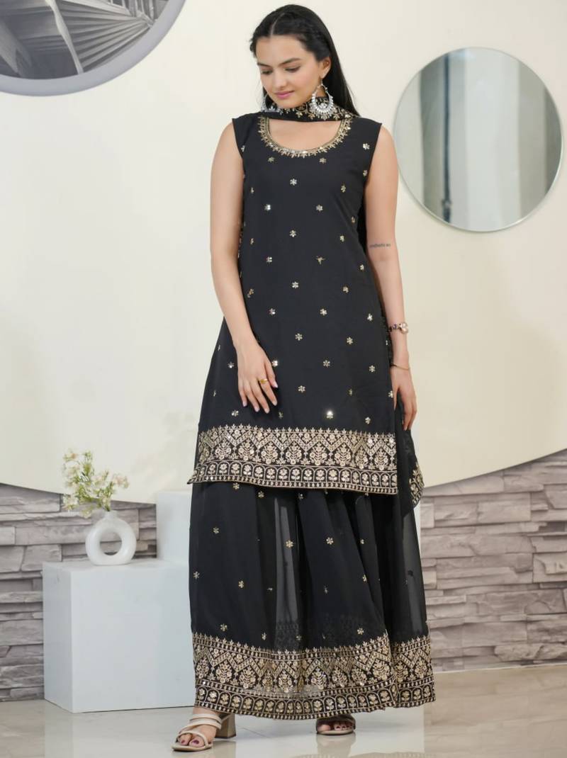 Black festive wear designer fox georgette  heavy embroidery sequence work readymade suit
