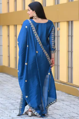 Blue festive wear designer chinon heavy embroidery sequence work readymade suit
