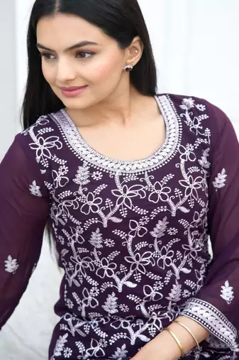 Wine festive wear designer fox georgette  readymade suit