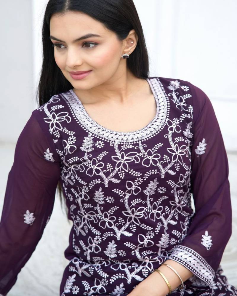 Wine festive wear designer fox georgette  readymade suit