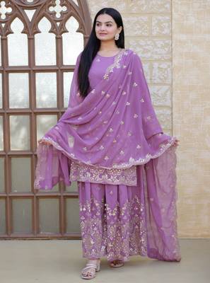 Lavender festive wear designer fox georgette  heavy embroidery sequence work readymade suit 1