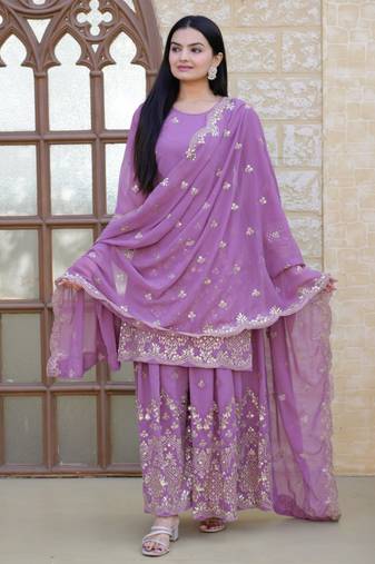 Lavender festive wear designer fox georgette  heavy embroidery sequence work readymade suit