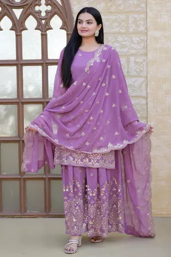 Lavender festive wear designer fox georgette  heavy embroidery sequence work readymade suit