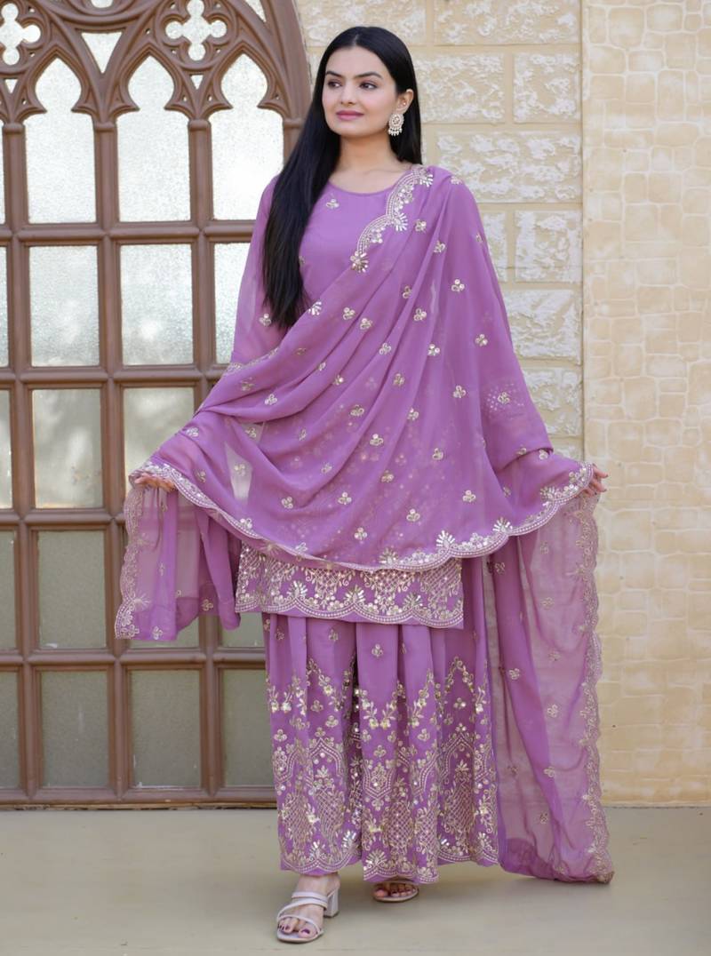 Lavender festive wear designer fox georgette  heavy embroidery sequence work readymade suit