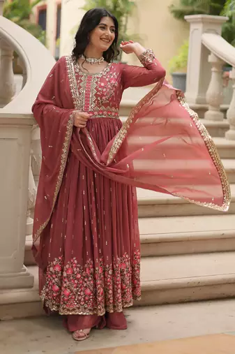 Coffee festive wear designer faux georgette  readymade suit