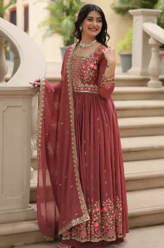 Coffee festive wear designer faux georgette  readymade suit