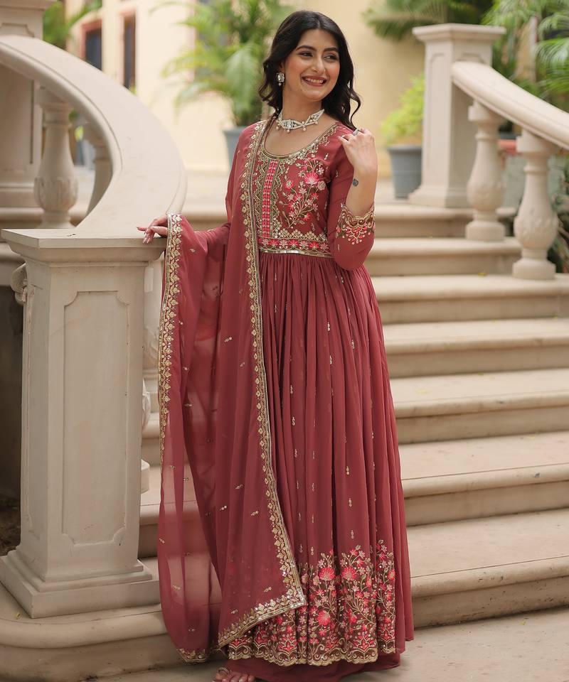 Coffee festive wear designer faux georgette  readymade suit