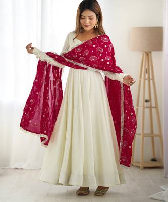 Cream festive wear designer heavy pure soft vichitra silk   readymade suit 1