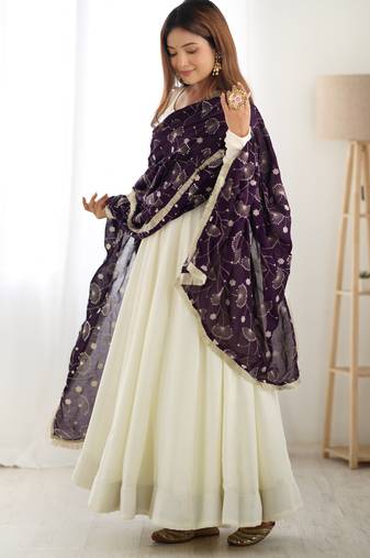 Cream festive wear designer heavy pure soft vichitra silk   readymade suit