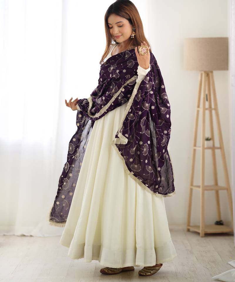 Cream festive wear designer heavy pure soft vichitra silk   readymade suit