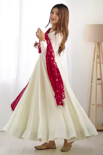 Cream festive wear designer heavy pure soft vichitra silk   readymade suit