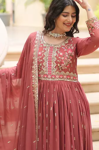 Coffee festive wear designer faux georgette  readymade suit
