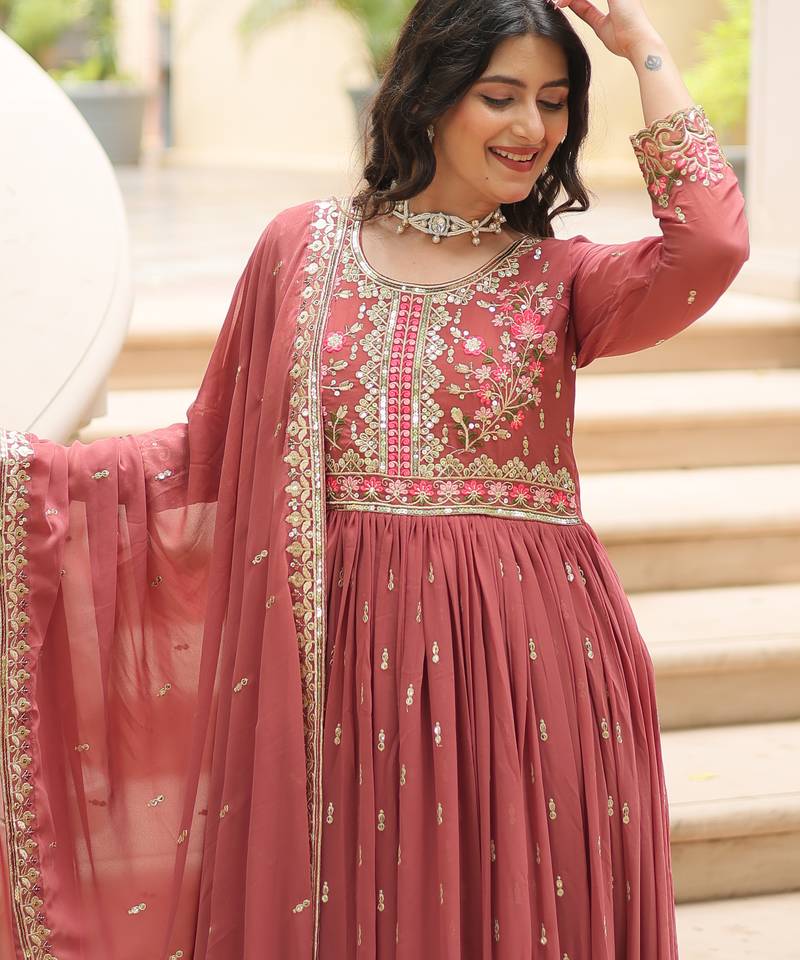 Coffee festive wear designer faux georgette  readymade suit