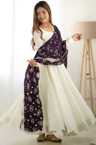 Cream festive wear designer heavy pure soft vichitra silk   readymade suit
