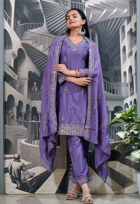 Lavender festive wear designer chinon  sequence embroidery work readymade suit 1