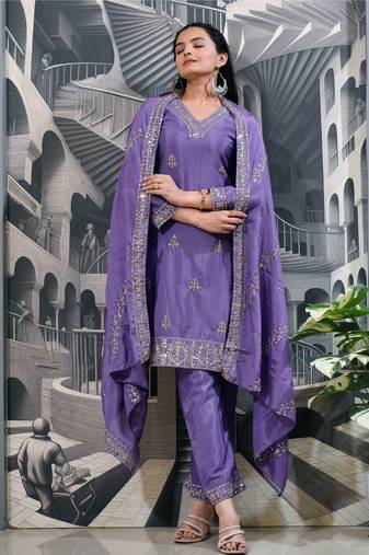 Lavender festive wear designer chinon  sequence embroidery work readymade suit