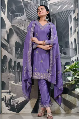 Lavender festive wear designer chinon  sequence embroidery work readymade suit