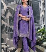 Lavender festive wear designer chinon  sequence embroidery work readymade suit