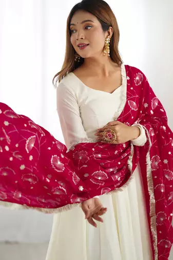 Cream festive wear designer heavy pure soft vichitra silk   readymade suit
